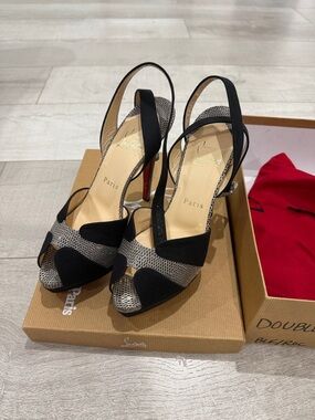 Christian Louboutin Black and Silver Lizard Print Peep-Toe Slingback Heels